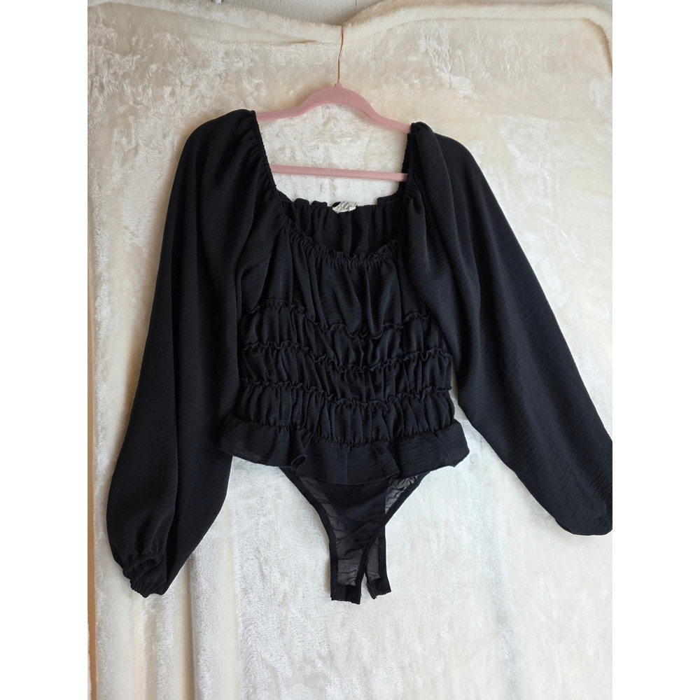 ENTRO Black Square Neck Ruffle Smocked Bodysuit Long Sleeve